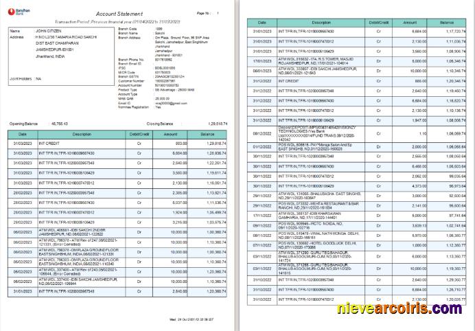 India Bandhan bank statement Word and PDF , 4 pages 1 2